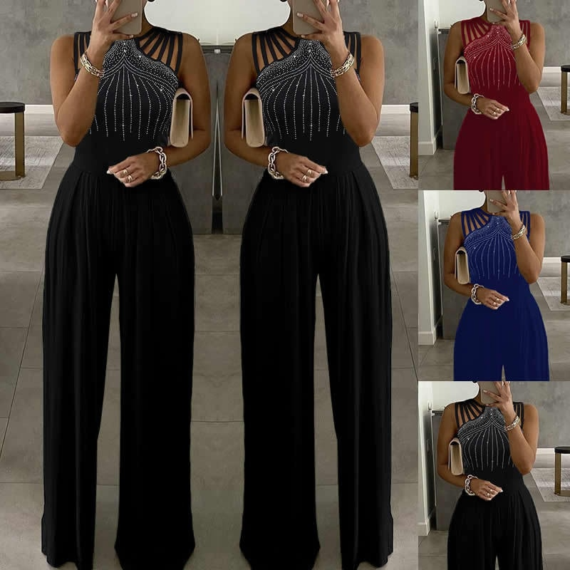 Lizakosht Sexy Solid Off Shoulder Waist Wide Leg Jumpsuit Women Sequin Splicing Office Straight Rompers Fashion Casual Chic Party Playsuit