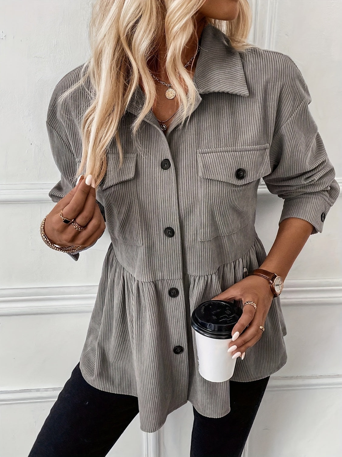 LIZAKOSHT  -  Corduroy Peplum Button Up Shacket