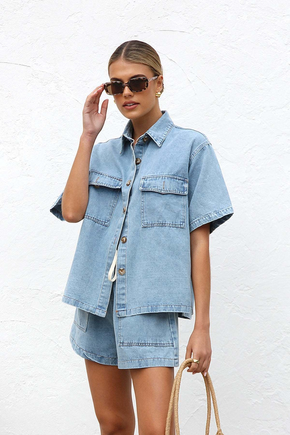 LIZAKOSHT  -  Collared Neck Button Up Top and Shorts Denim Set