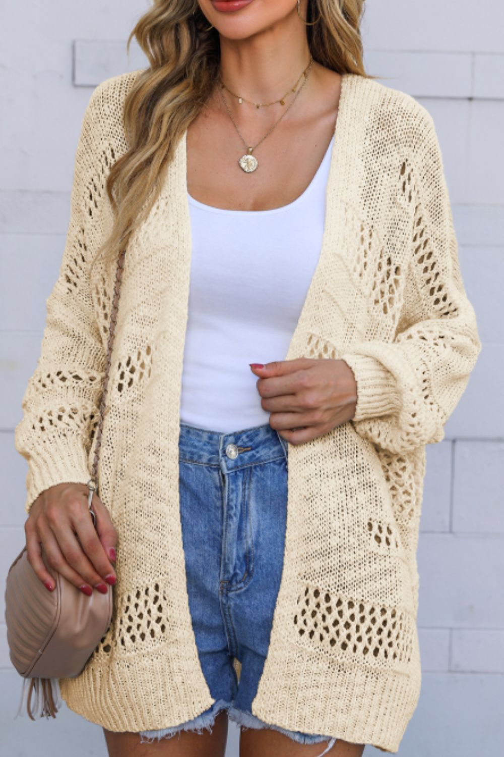 LIZAKOSHT  -  Openwork Open Front Long Sleeve Cardigan