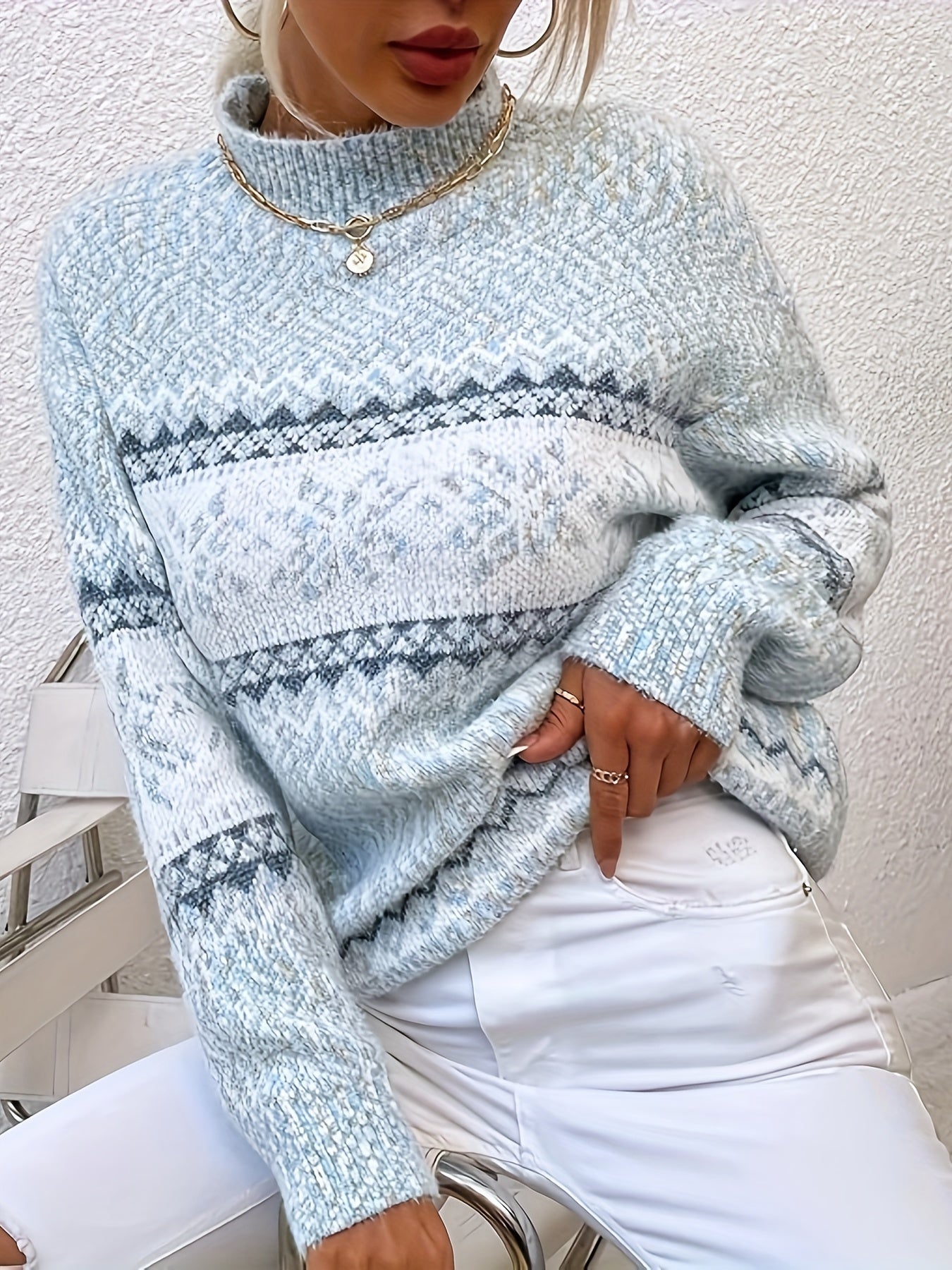 Lizakosht Christmas Snowflake Print Half Turtleneck Sweater, Casual Fall Winter Knit Top, Women's Clothing