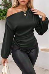 LIZAKOSHT  -  Drawstring One Shoulder Long Sleeve Blouse