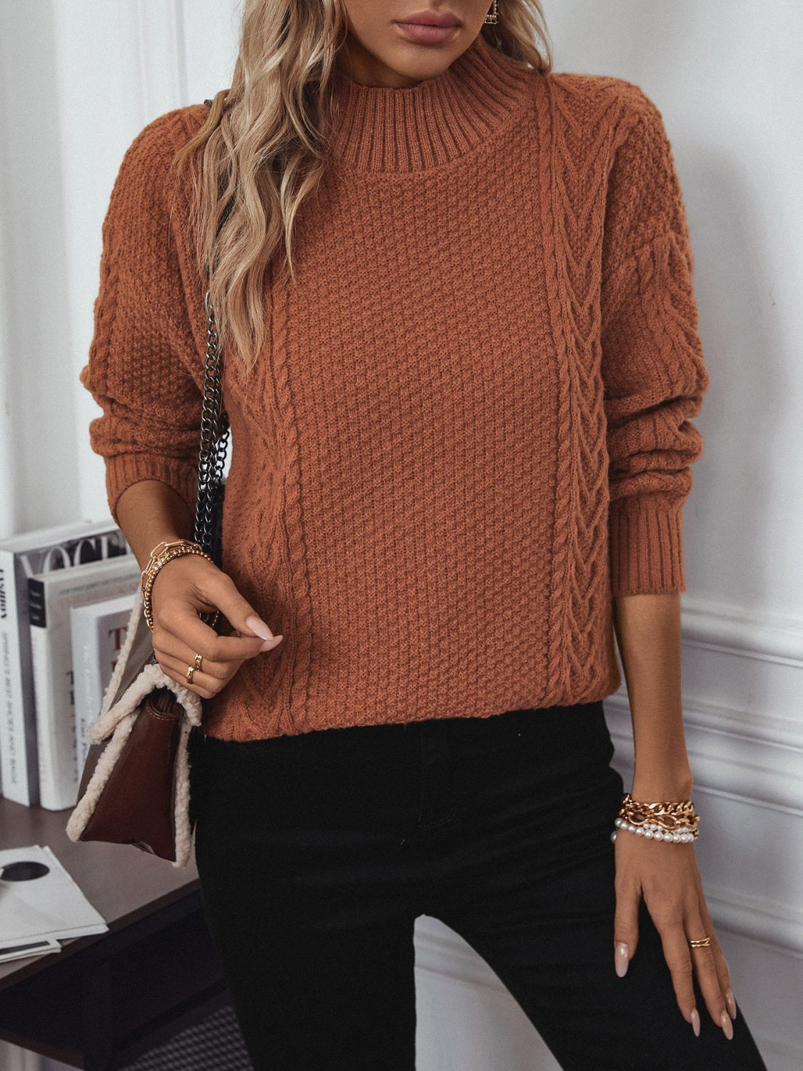 LIZAKOSHT  -  Cable-Knit Mock Neck Long Sleeve Sweater