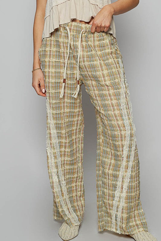 LIZAKOSHT  -  POL Lace Trim Drawstring Checkered Wide Leg Pants