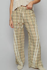 LIZAKOSHT  -  POL Lace Trim Drawstring Checkered Wide Leg Pants