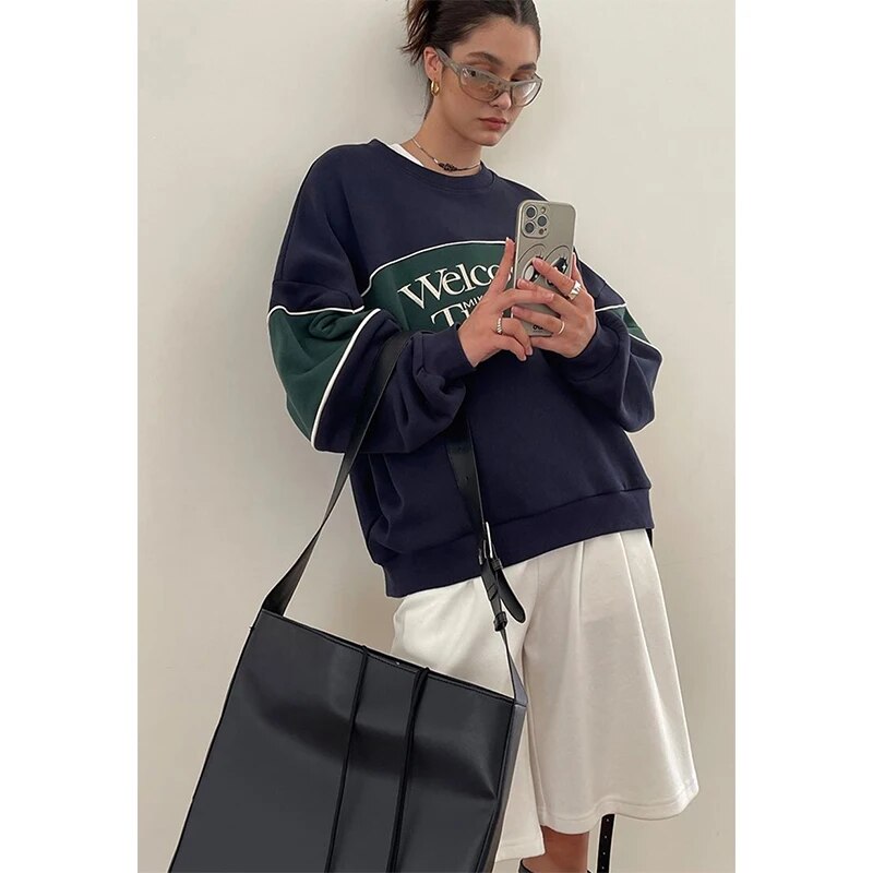 Lizakosht Streetwear Sweatshirt Women Oversized Letter Print Pullovers Vintage Korean Patchwork Loose Casual All Match Hoodies Tops