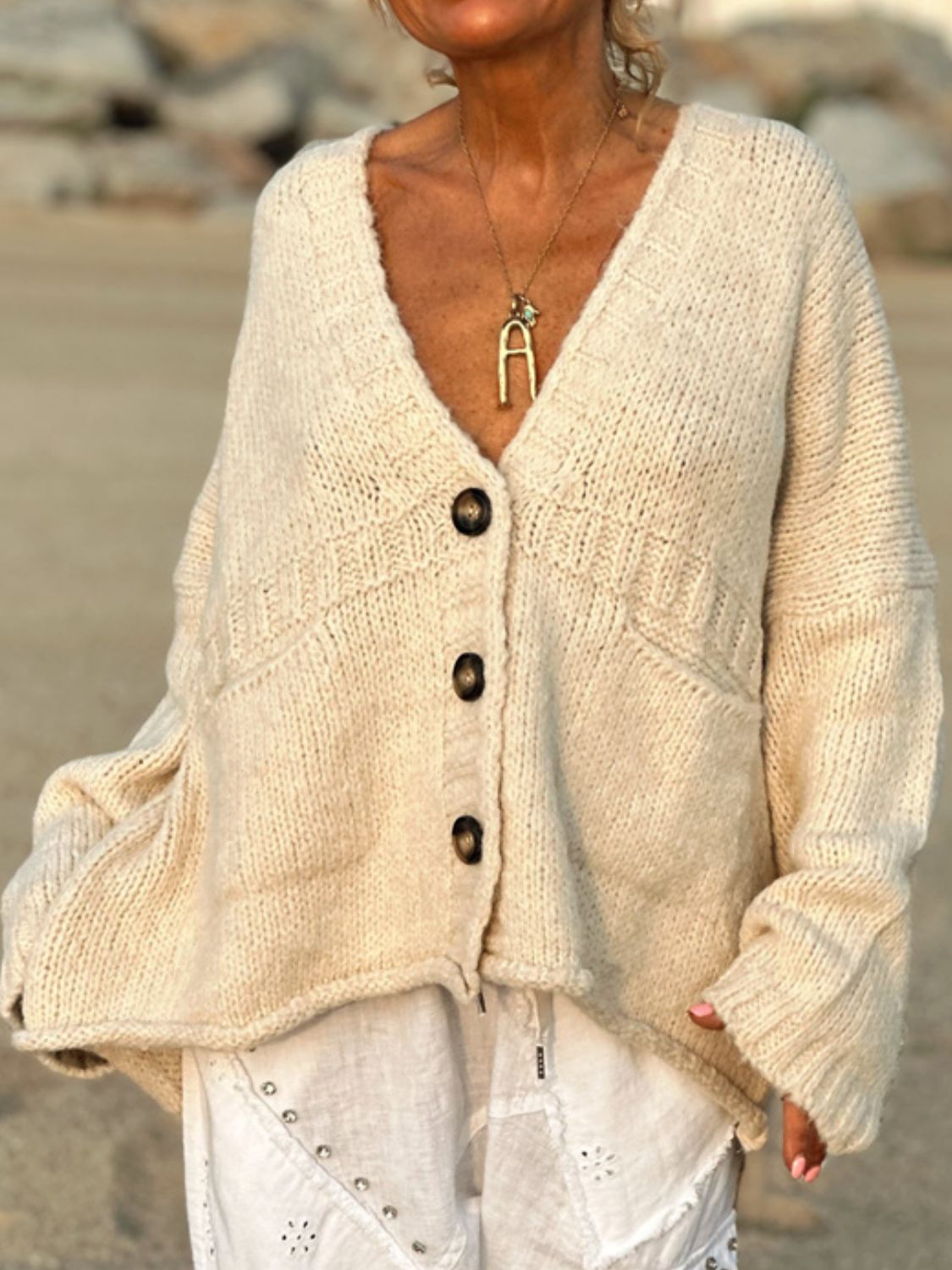 LIZAKOSHT  -  Pocketed V-Neck Button Up Cardigan