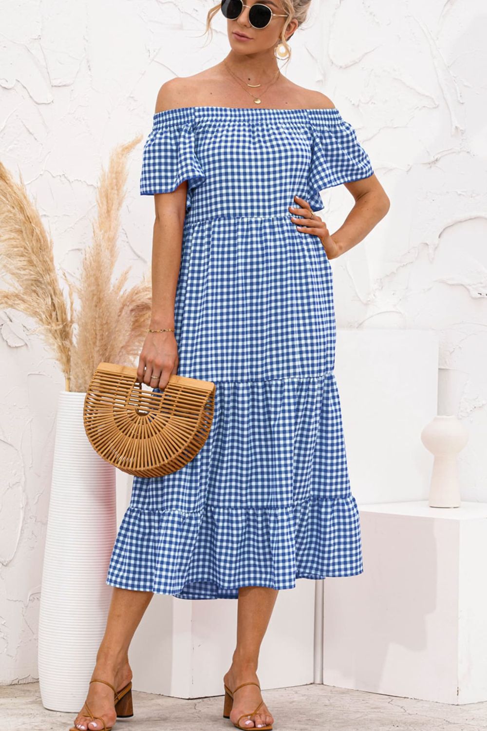 LIZAKOSHT  -  Plaid Off-Shoulder Tiered Midi Dress