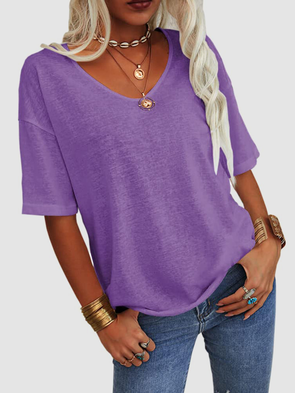 LIZAKOSHT  -  V-Neck Dropped Shoulder Half Sleeve T-Shirt