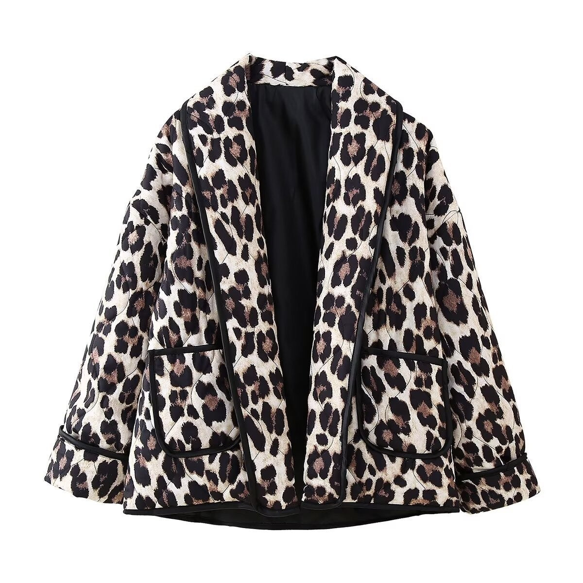 LIZAKOSHT  -  Leopard Open Front Long Sleeve Outerwear