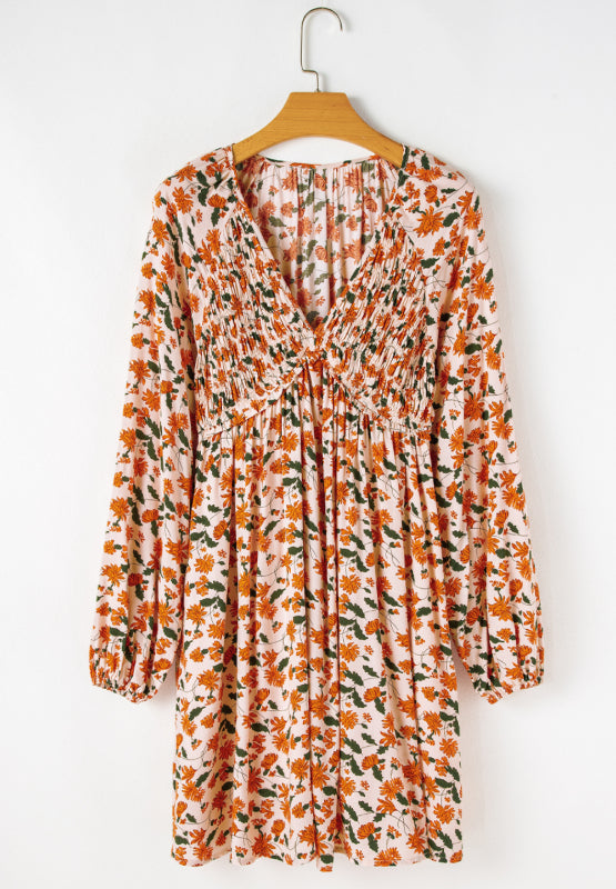 LIZAKOSHT  -  Smocked Printed V-Neck Long Sleeve Dress