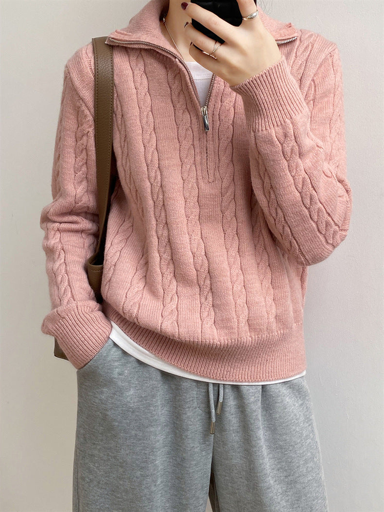 LIZAKOSHT  -  Cable-Knit Half Zip Long Sleeve Sweater