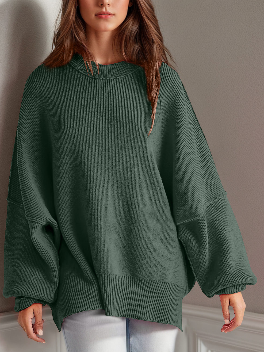 LIZAKOSHT  -  Double Take Side Slit Round Neck Long Sleeve Sweater