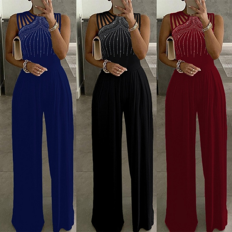 Lizakosht Sexy Solid Off Shoulder Waist Wide Leg Jumpsuit Women Sequin Splicing Office Straight Rompers Fashion Casual Chic Party Playsuit