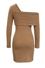 LIZAKOSHT  -  Asymmetrical Fold-Over Neck Ribbed Mini Dress