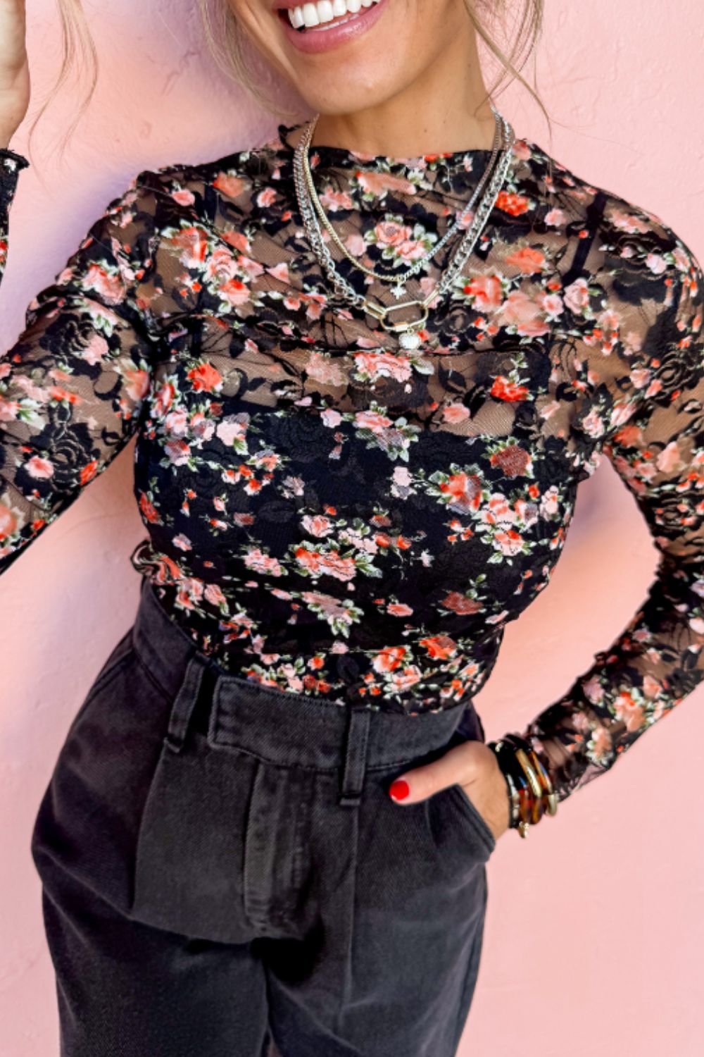 LIZAKOSHT  -  Floral Round Neck Long Sleeve Blouse