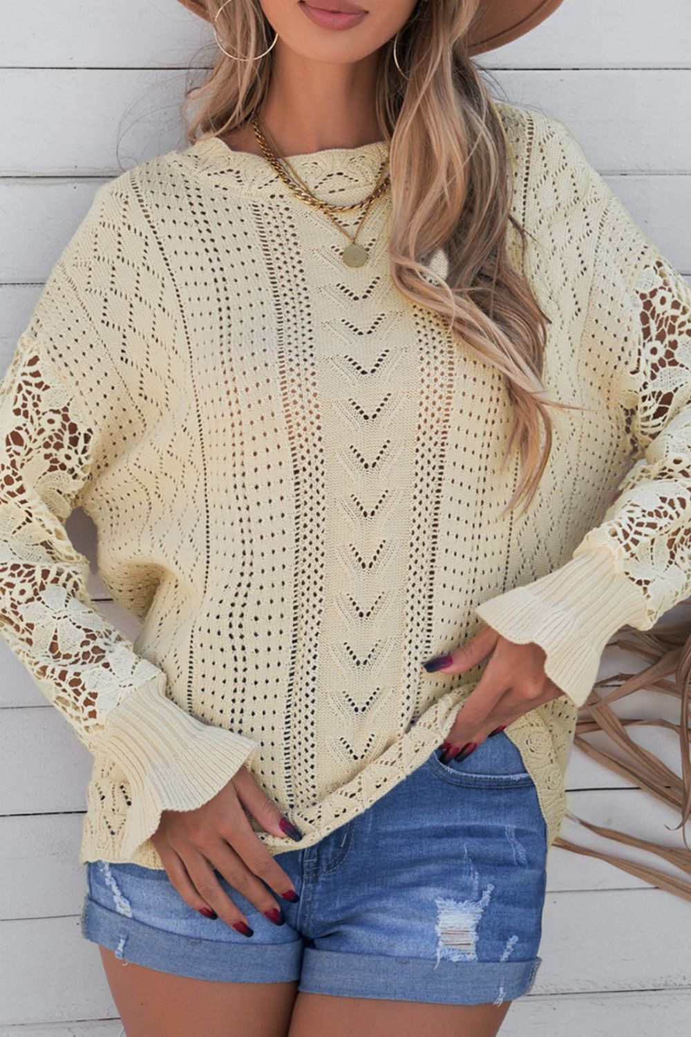 LIZAKOSHT  -  Openwork Round Neck Long Sleeve Sweater