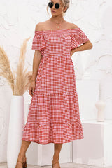 LIZAKOSHT  -  Plaid Off-Shoulder Tiered Midi Dress