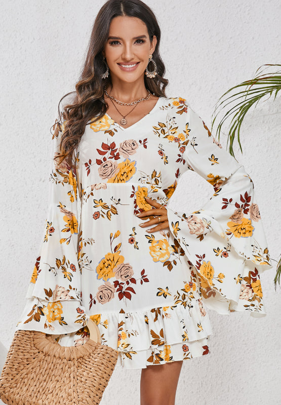 LIZAKOSHT  -  Printed V-Neck Flare Sleeve Mini Dress