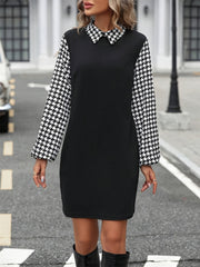 LIZAKOSHT  -  Houndstooth Collared Neck Long Sleeve Mini Dress