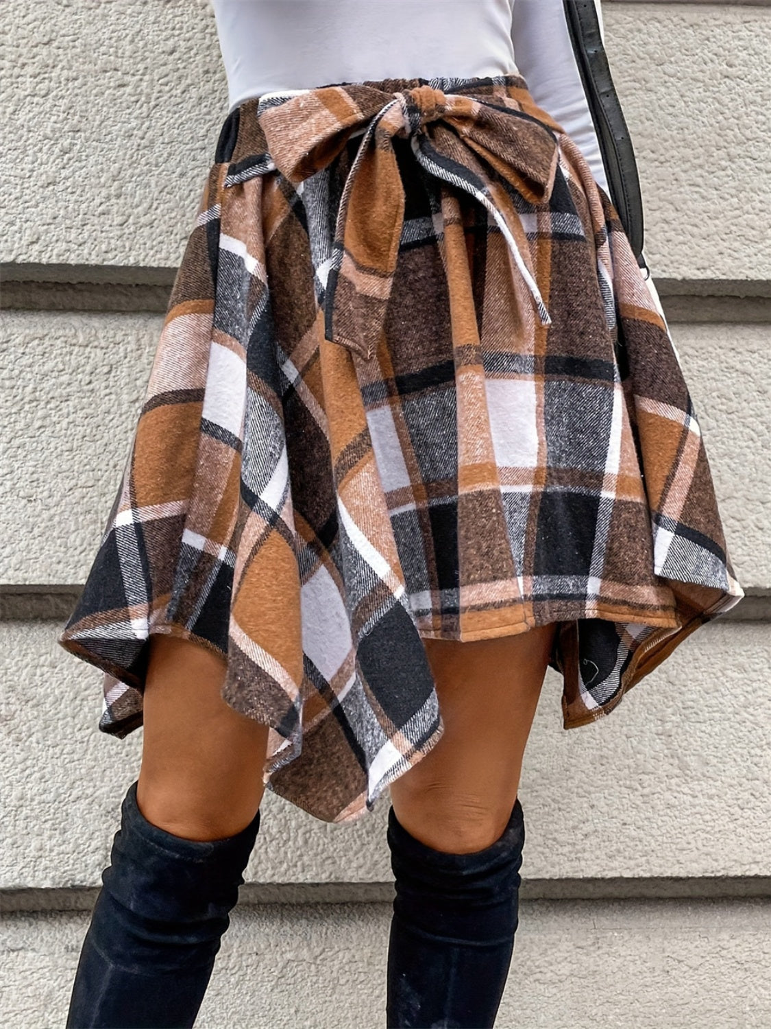 LIZAKOSHT  -  Tied Plaid Asymmetrical Hem Skirt