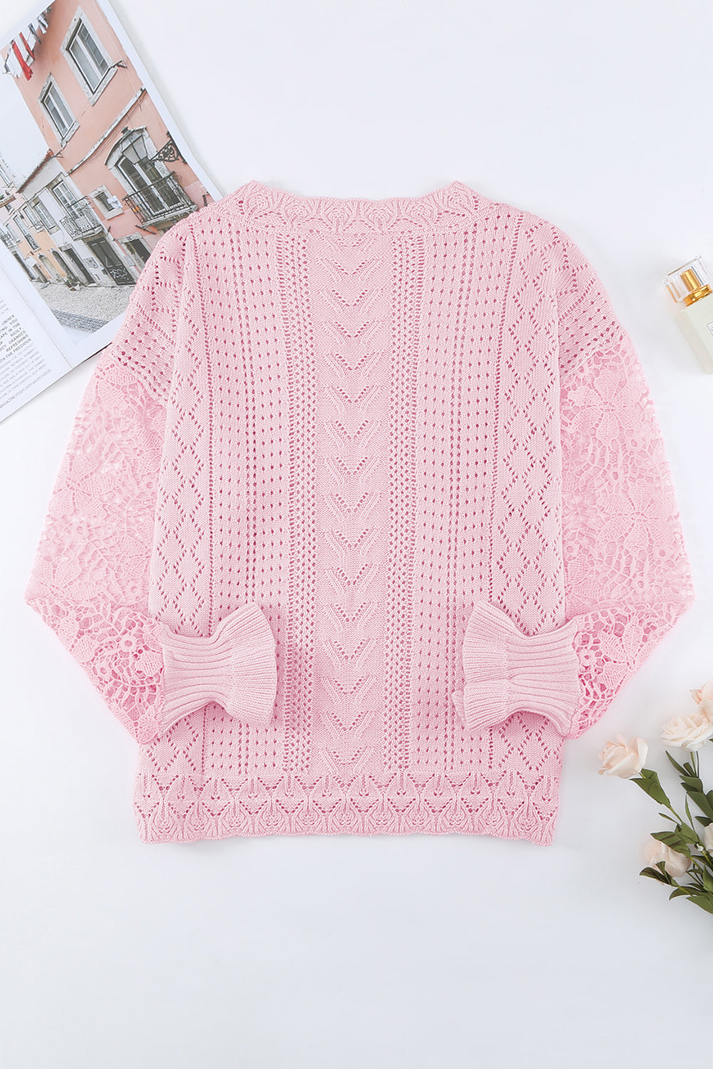 LIZAKOSHT  -  Openwork Round Neck Long Sleeve Sweater