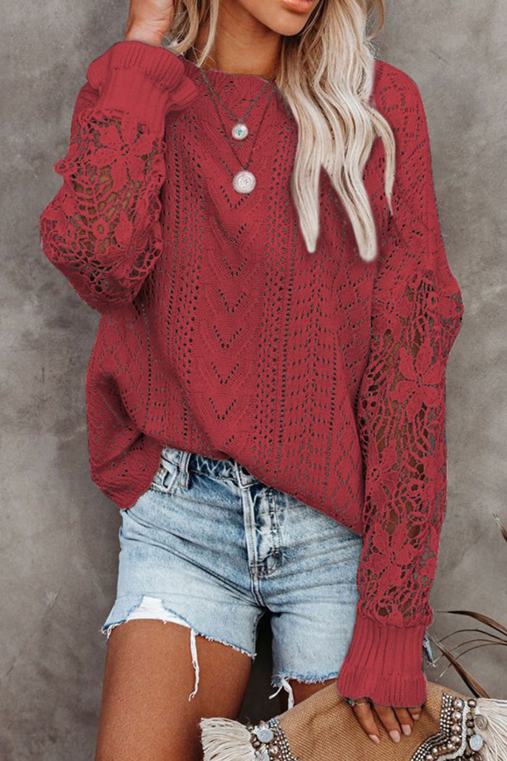 LIZAKOSHT  -  Openwork Round Neck Long Sleeve Sweater