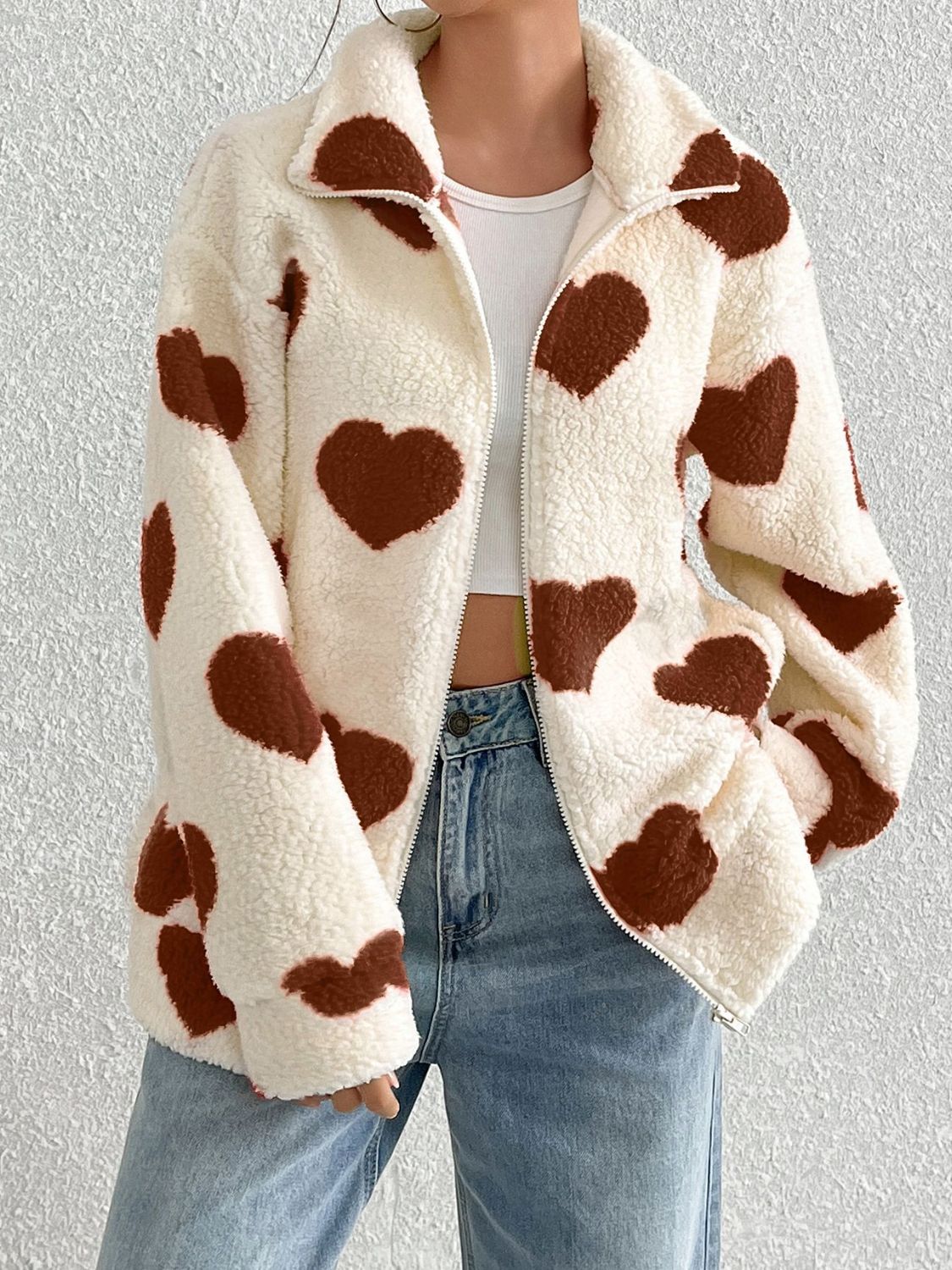 LIZAKOSHT  -  Heart Zip Up Drop Shoulder Furry Jacket