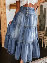 LIZAKOSHT  -  Tiered Button-Fly Denim Skirt