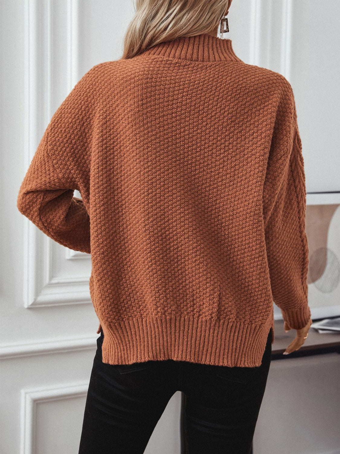 LIZAKOSHT  -  Cable-Knit Mock Neck Long Sleeve Sweater