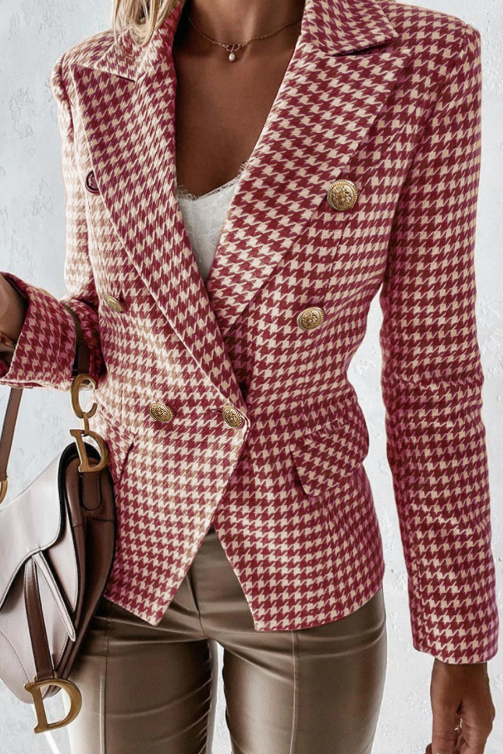 LIZAKOSHT  -  Houndstooth Collared Neck Double-Breasted Blazer