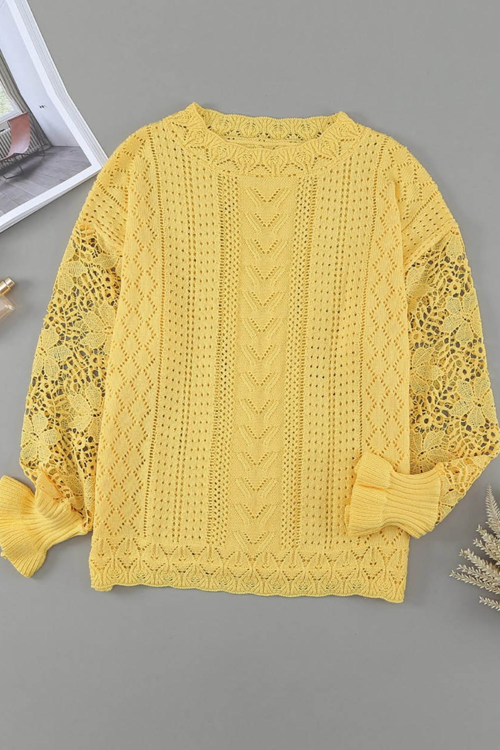 LIZAKOSHT  -  Openwork Round Neck Long Sleeve Sweater