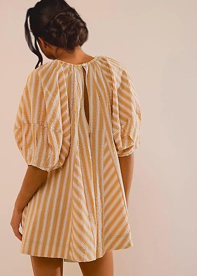 LIZAKOSHT  -  Womens Striped Romper Casual Loose Puff Sleeve Wide Leg Jumpsuit Overall with Pockets