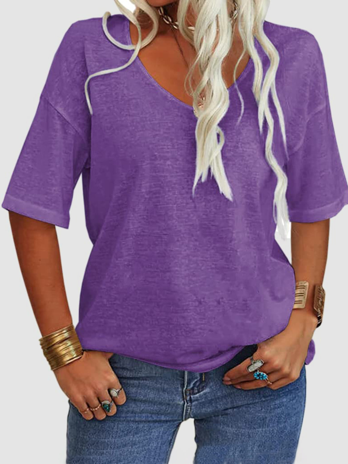 LIZAKOSHT  -  V-Neck Dropped Shoulder Half Sleeve T-Shirt