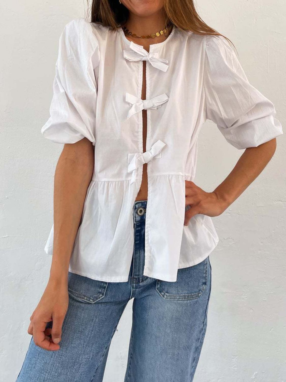 LIZAKOSHT  -  Tied Round Neck Balloon Sleeve Shirt