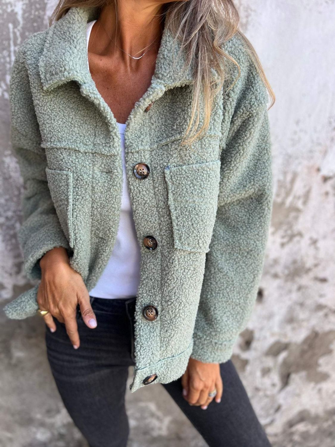 LIZAKOSHT  -  Full Size Fuzzy Button Up Drop Shoulder Jacket