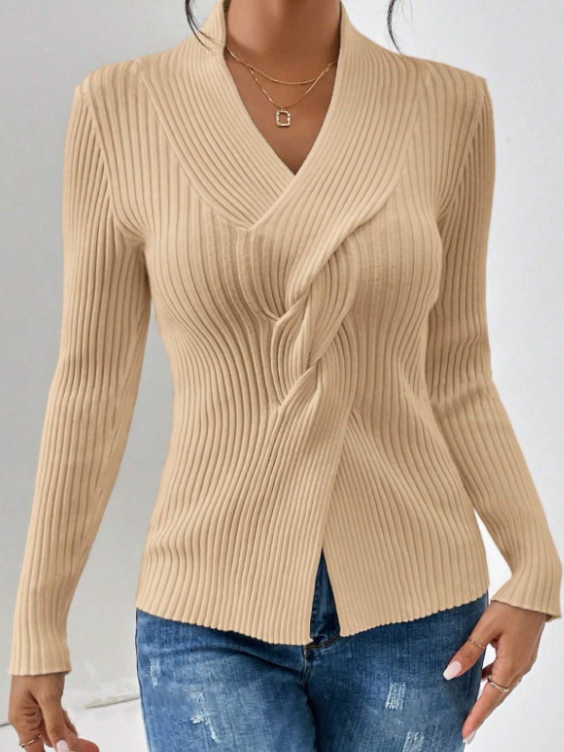 LIZAKOSHT  -  Twist Front Ribbed Long Sleeve Sweater