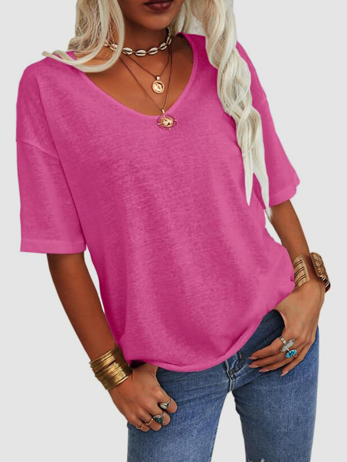 LIZAKOSHT  -  V-Neck Dropped Shoulder Half Sleeve T-Shirt