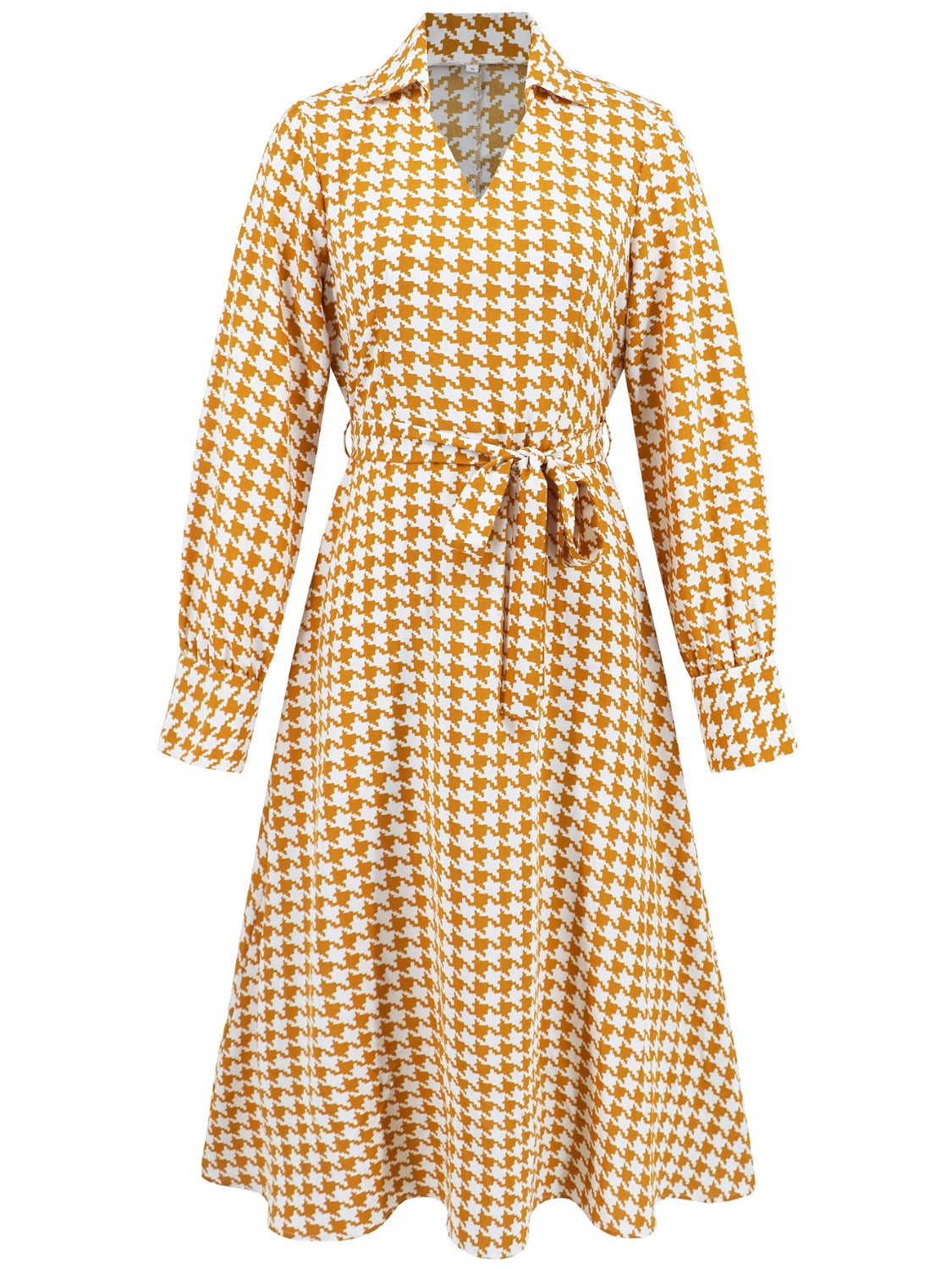 LIZAKOSHT  -  Tied Houndstooth Long Sleeve Midi Dress