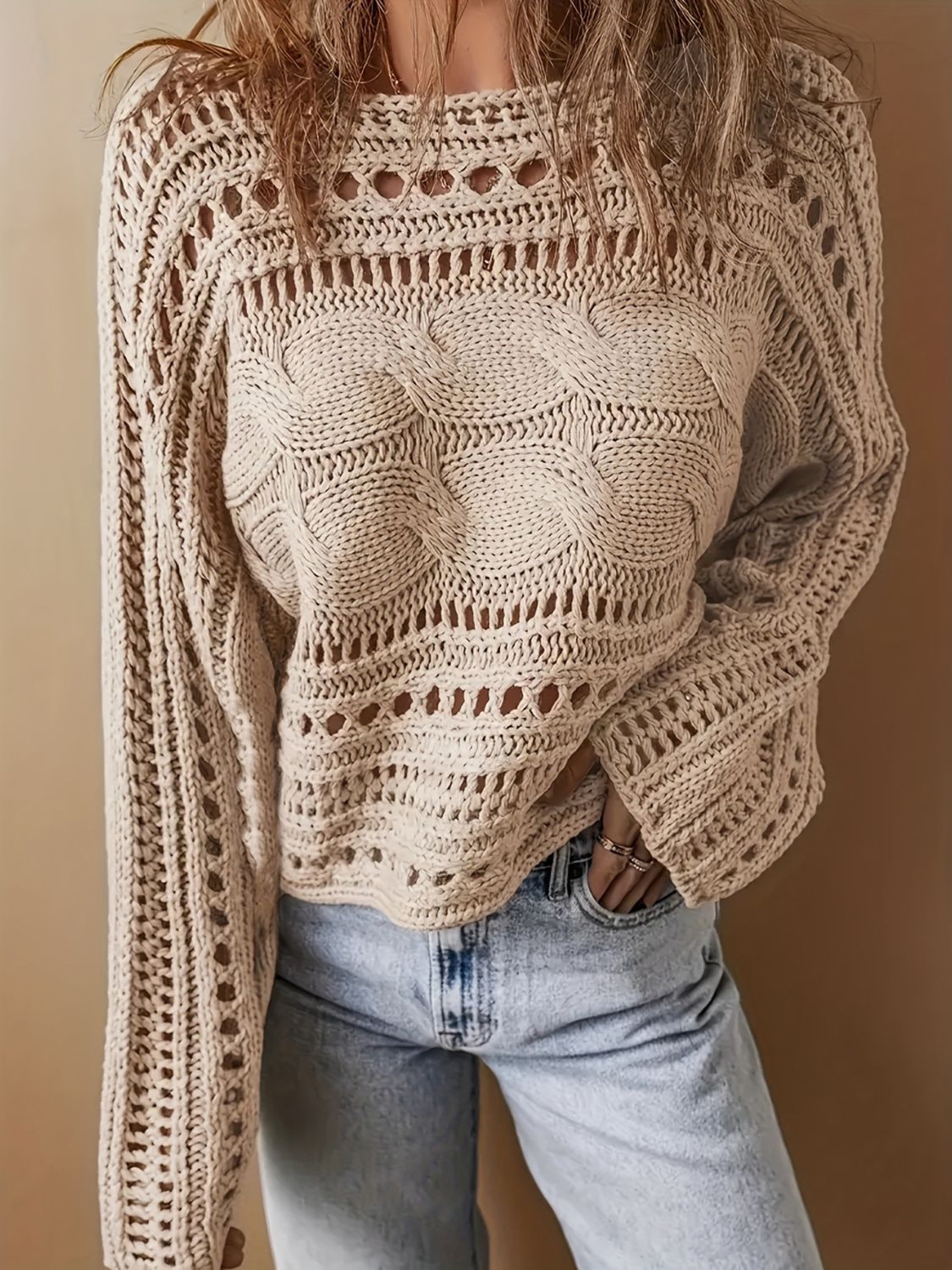 LIZAKOSHT  -  Hollow Out Cable-Knit Boat Neck Sweater