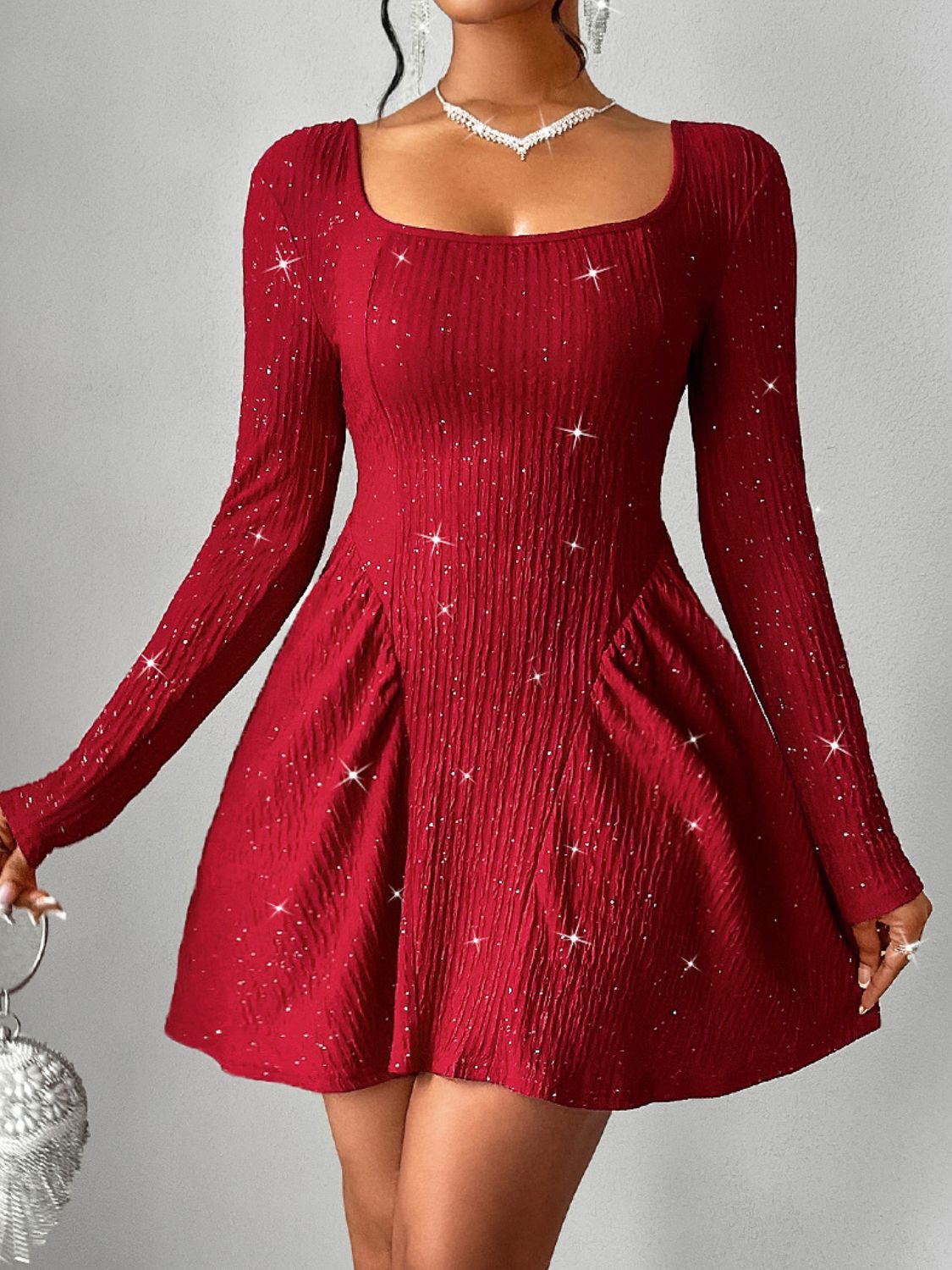 LIZAKOSHT  -  Backless Glitter Square Neck Long Sleeve Mini Dress