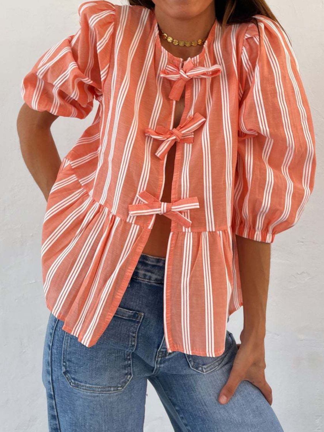 LIZAKOSHT  -  Tied Round Neck Balloon Sleeve Shirt