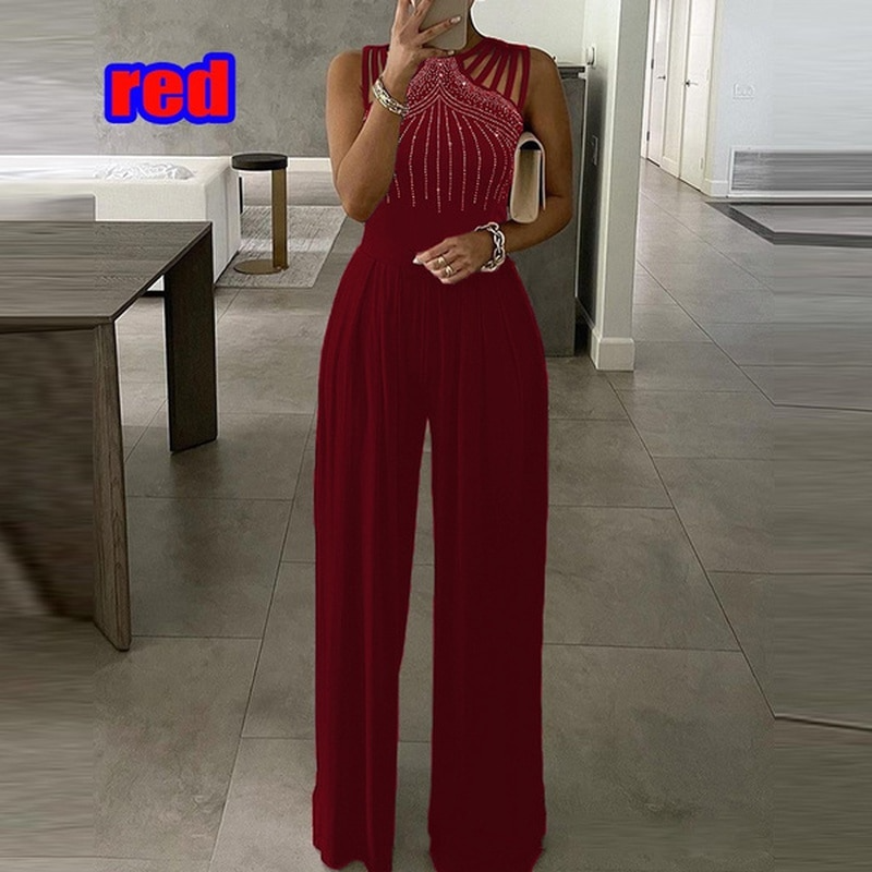 Lizakosht Sexy Solid Off Shoulder Waist Wide Leg Jumpsuit Women Sequin Splicing Office Straight Rompers Fashion Casual Chic Party Playsuit