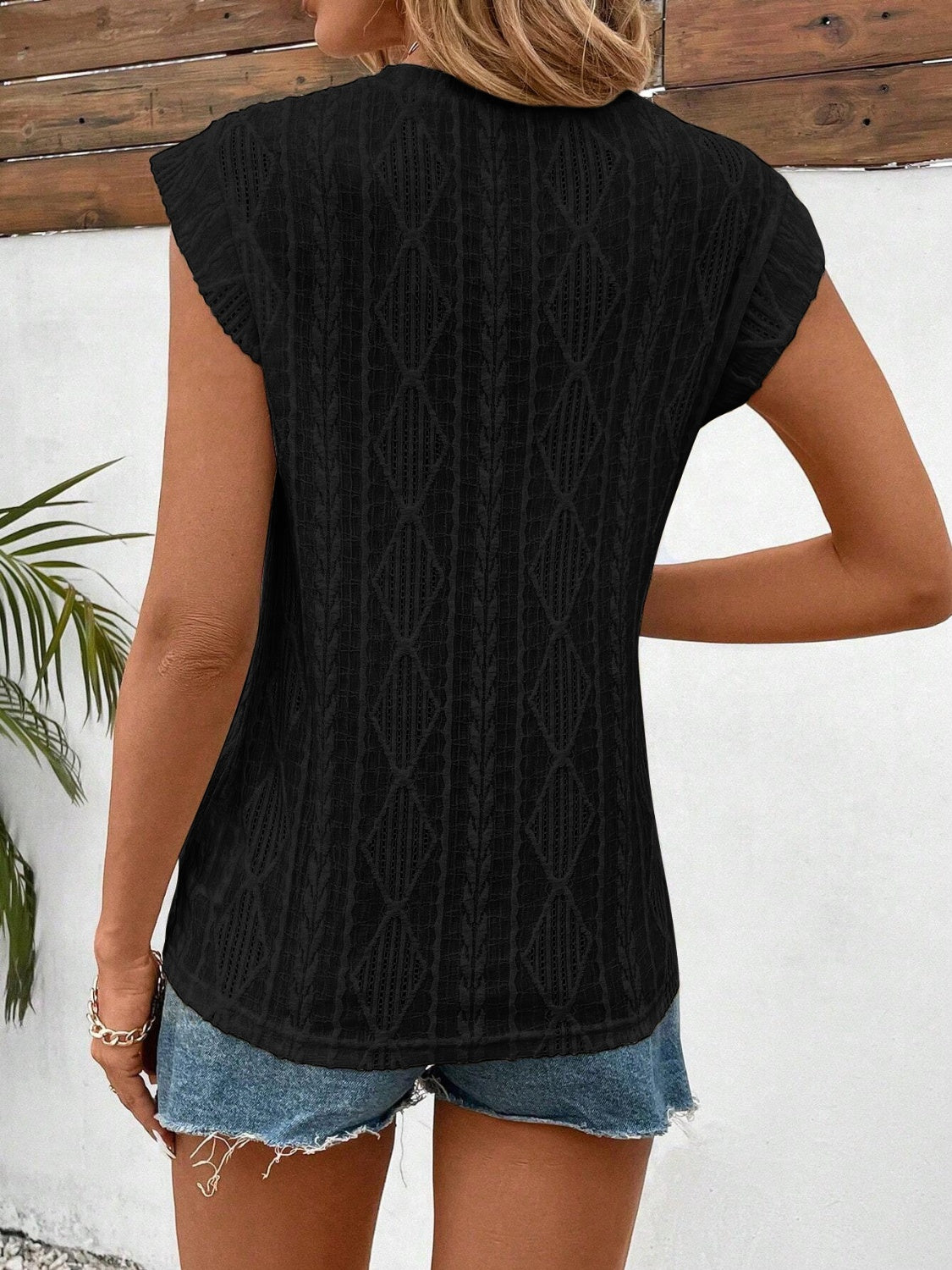 LIZAKOSHT  -  Openwork Round Neck Cap Sleeve Top