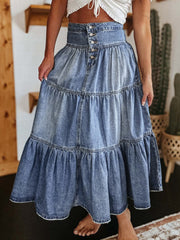 LIZAKOSHT  -  Tiered Button-Fly Denim Skirt