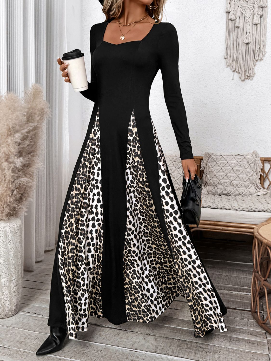 LIZAKOSHT  -  Perfee Leopard Square Neck Long Sleeve Maxi Dress