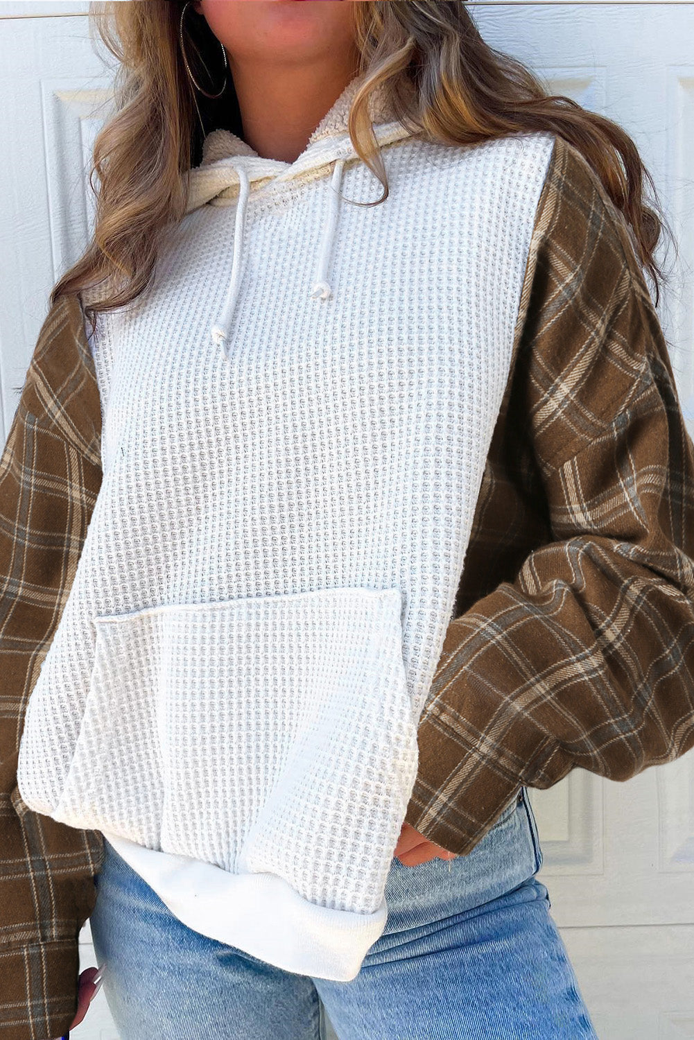 LIZAKOSHT  -  Waffle Knit Plaid Long Sleeve Kangaroo Pocket Hoodie