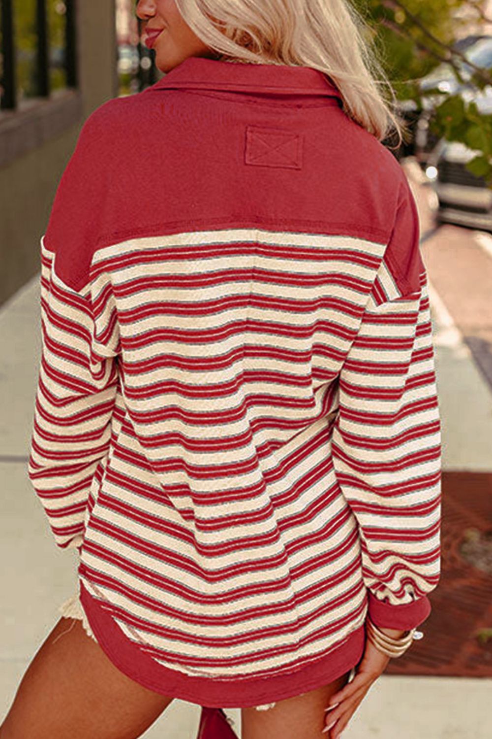 LIZAKOSHT  -  Stripe Johnny Collar Drop Shoulder Sweatshirt