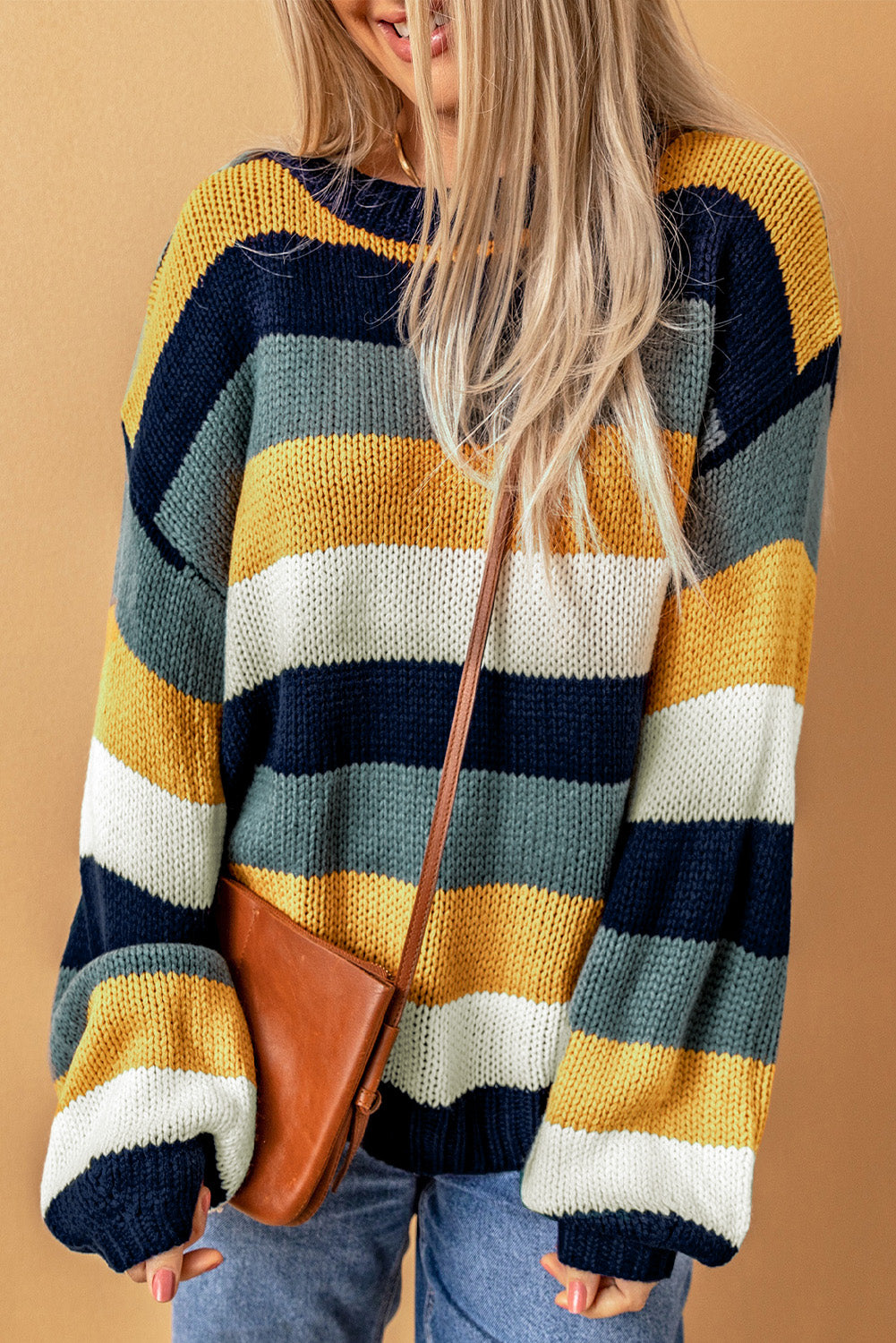 LIZAKOSHT  -  Color Block Round Neck Dropped Shoulder Sweater