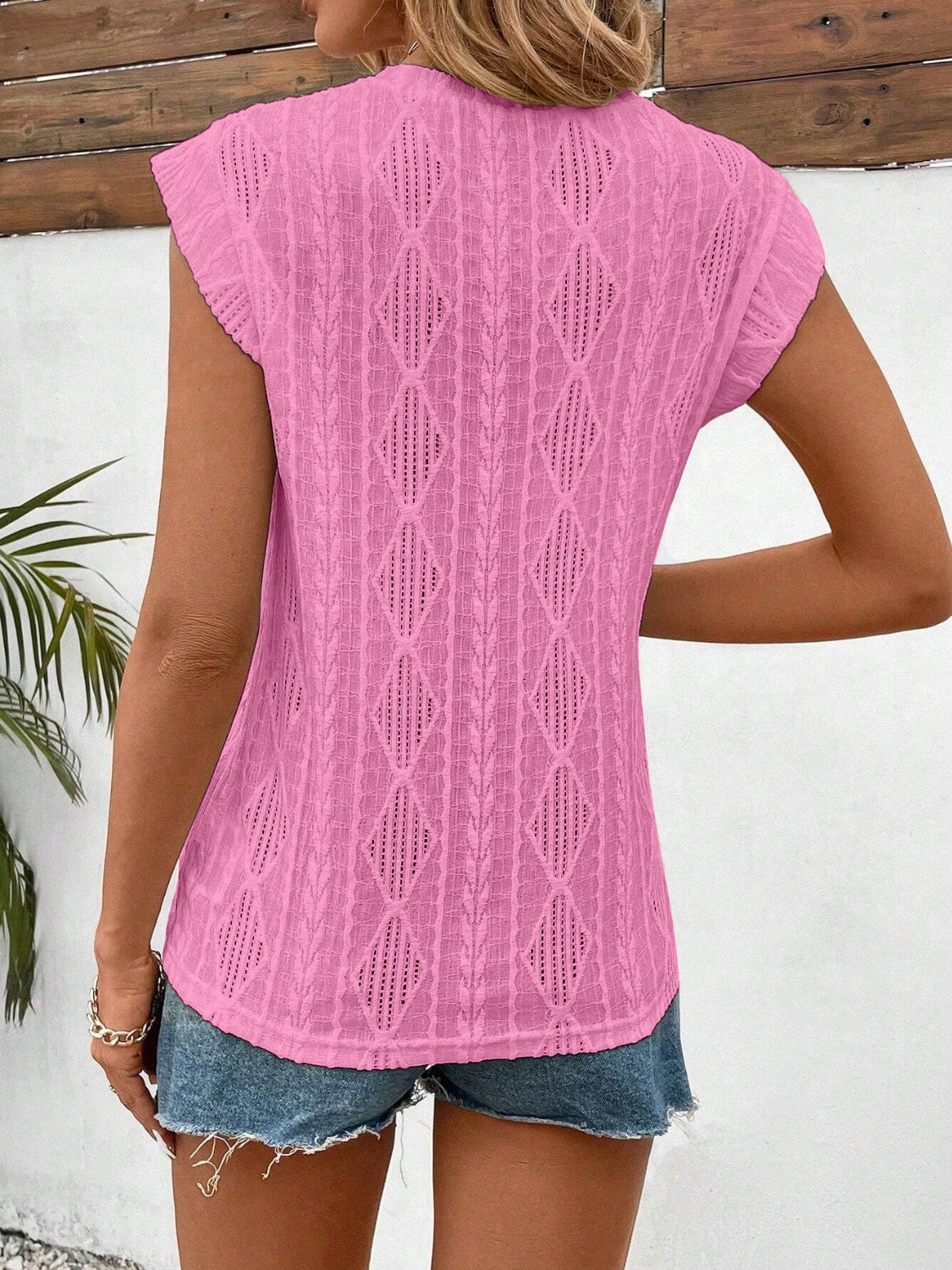 LIZAKOSHT  -  Openwork Round Neck Cap Sleeve Top